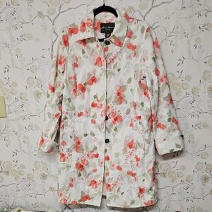 Eddie Bauer Floral Trench Coat - White and Coral With Detailed Seaming